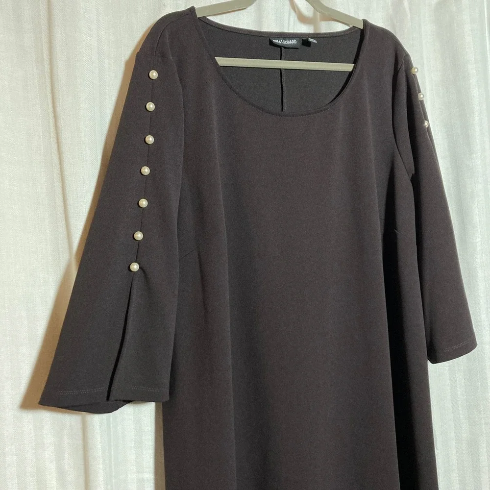 Nina Leonard Women 2X Chocolate Brown Faux Pearl 3/4 Sleeve Stretch Shift Dress